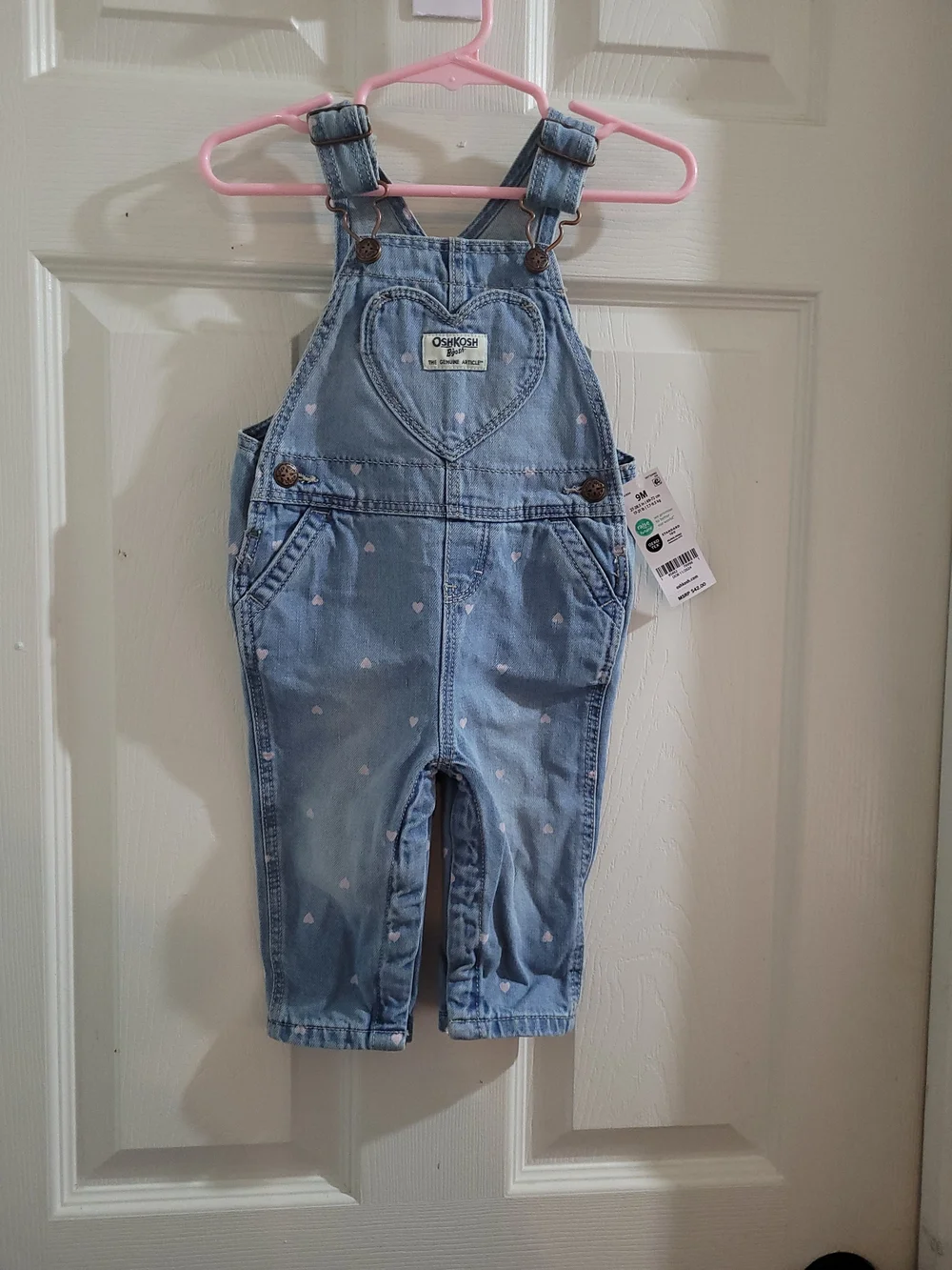 NWT OshKosh B'gosh Light Blue Denim Overalls with Pink Heart Print SIZE 9